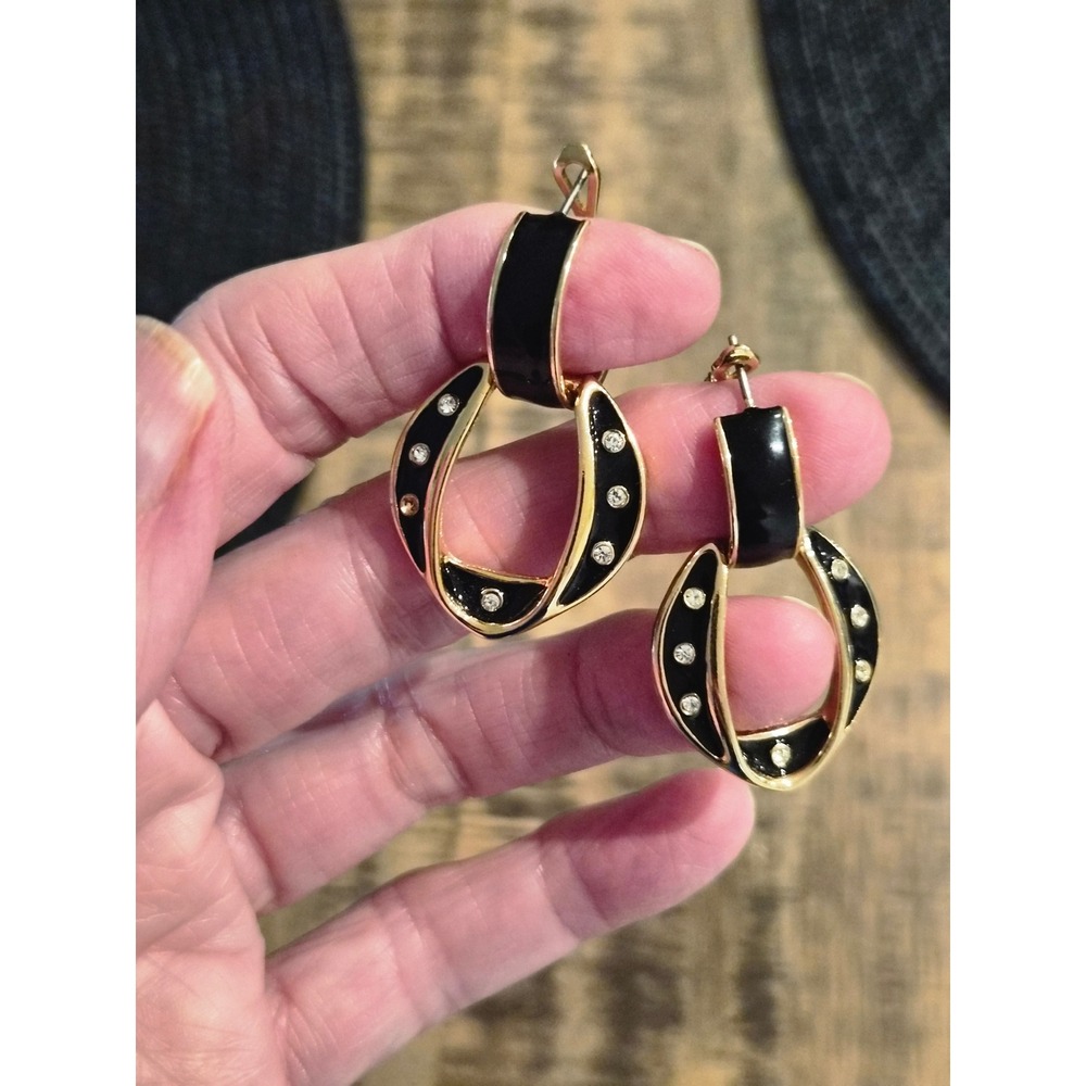 Vintage Gold Tone Black Enamel Rhinestone Horseshoe Door Knocker Drop Earrings
